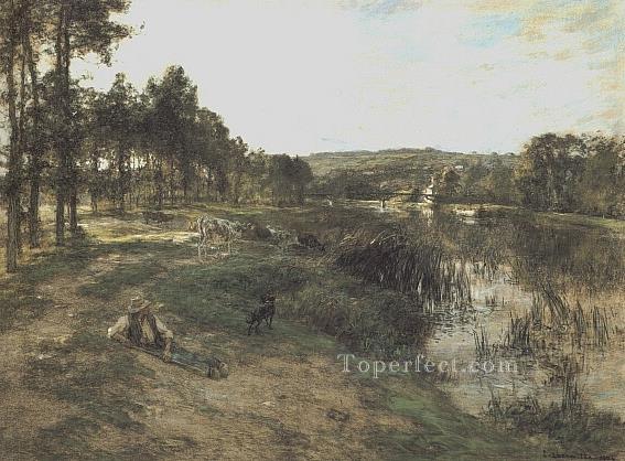 Troupeau au bord de leau 1904 rural scenes peasant Leon Augustin Lhermitte Landscapes stream Oil Paintings
